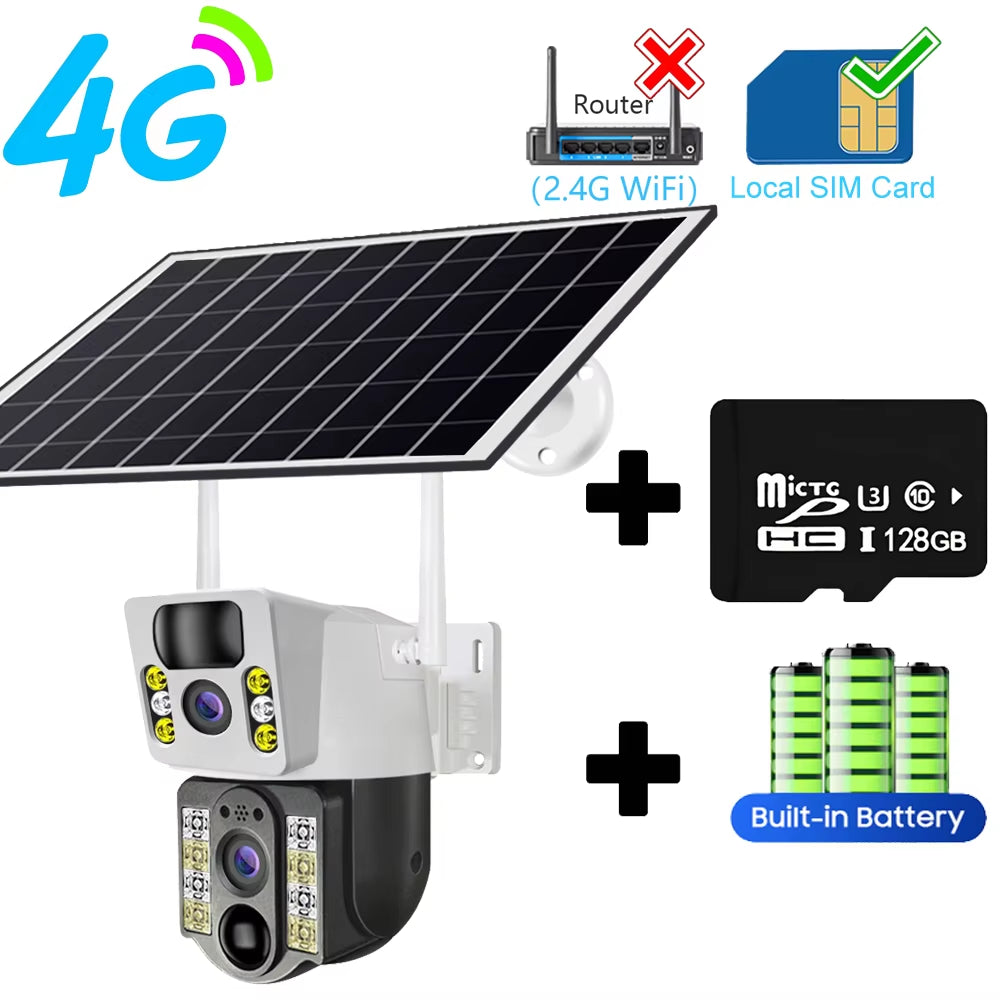 4K Solar Camera 4G SIM Card Wifi Dual Lens 8MP HD Night Vision IP CCTV Surveillance PTZ PIR Human Detection Alarm Waterproof