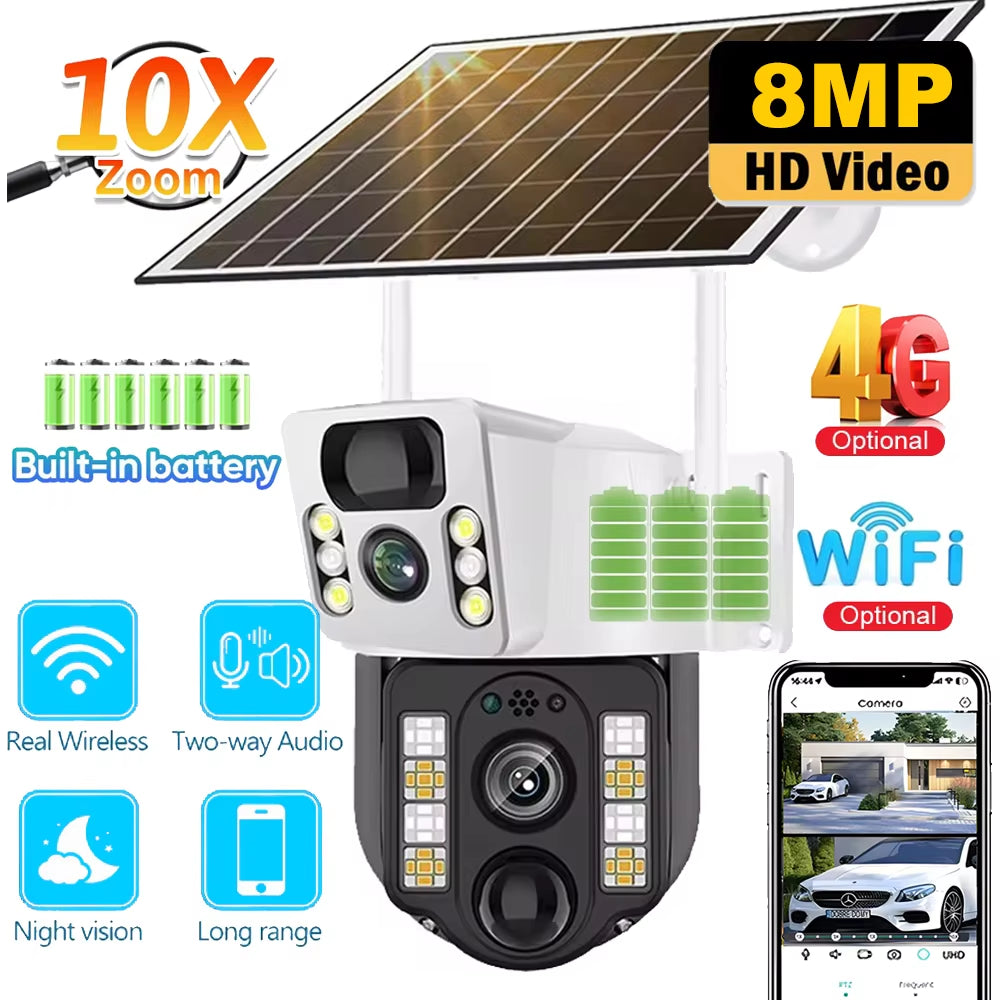 4K Solar Camera 4G SIM Card Wifi Dual Lens 8MP HD Night Vision IP CCTV Surveillance PTZ PIR Human Detection Alarm Waterproof