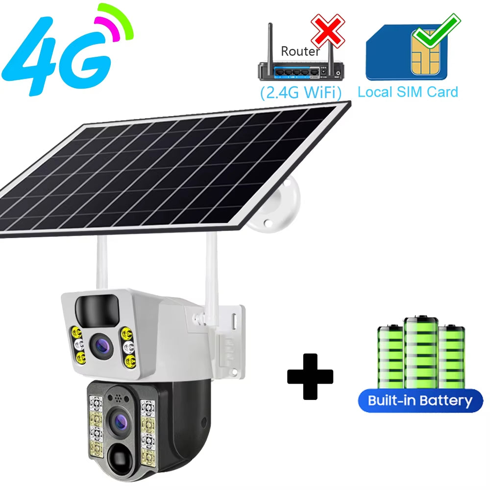 4K Solar Camera 4G SIM Card Wifi Dual Lens 8MP HD Night Vision IP CCTV Surveillance PTZ PIR Human Detection Alarm Waterproof