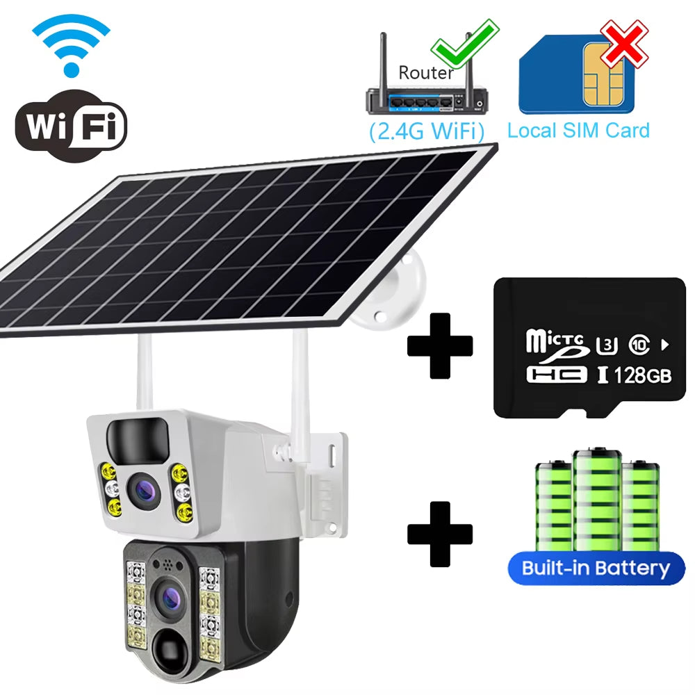 4K Solar Camera 4G SIM Card Wifi Dual Lens 8MP HD Night Vision IP CCTV Surveillance PTZ PIR Human Detection Alarm Waterproof